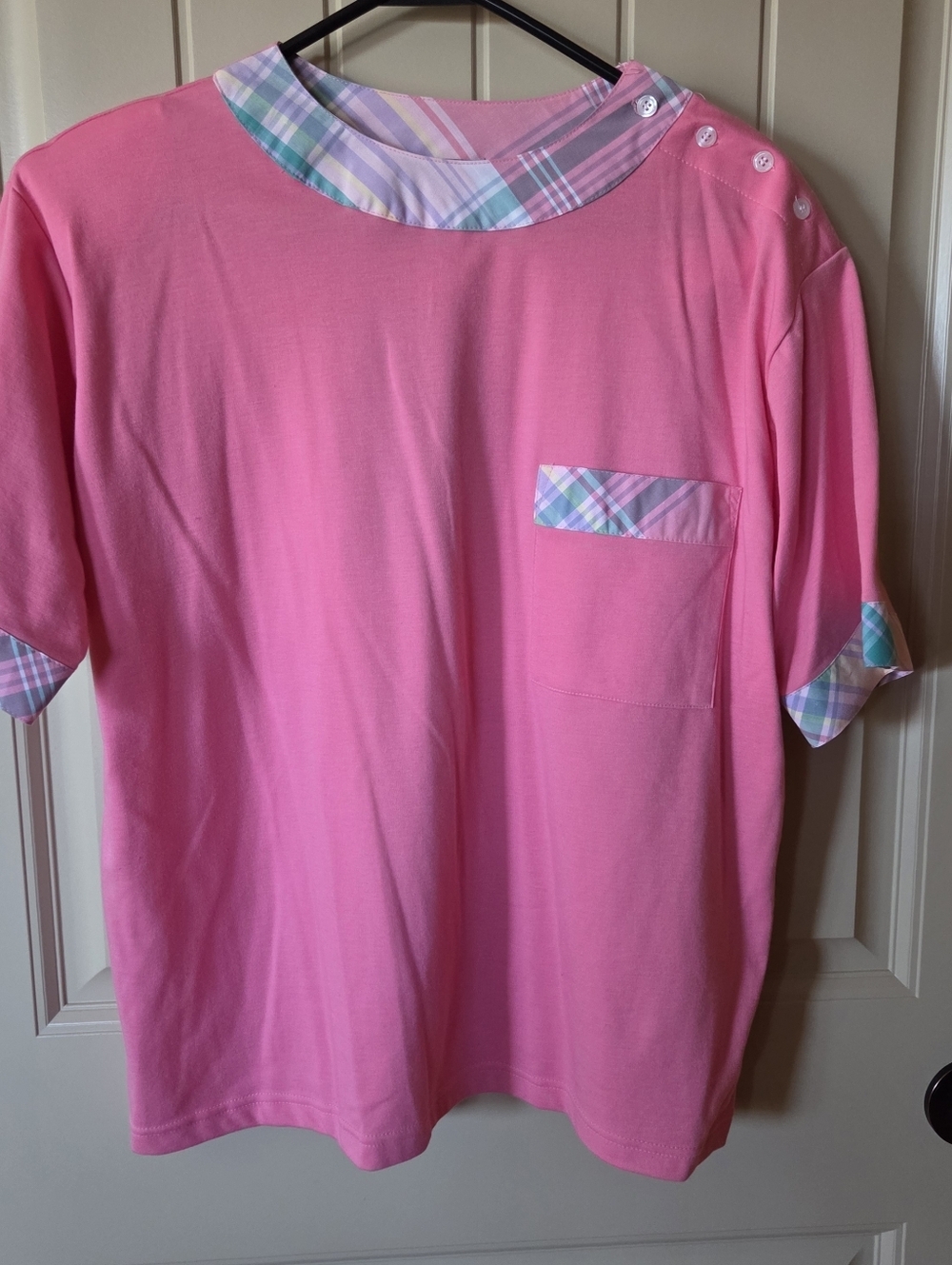 NWT Vintage 90s Haberdashery by Leslie Fay Pink Knit Top Button Shoulder Plaid L